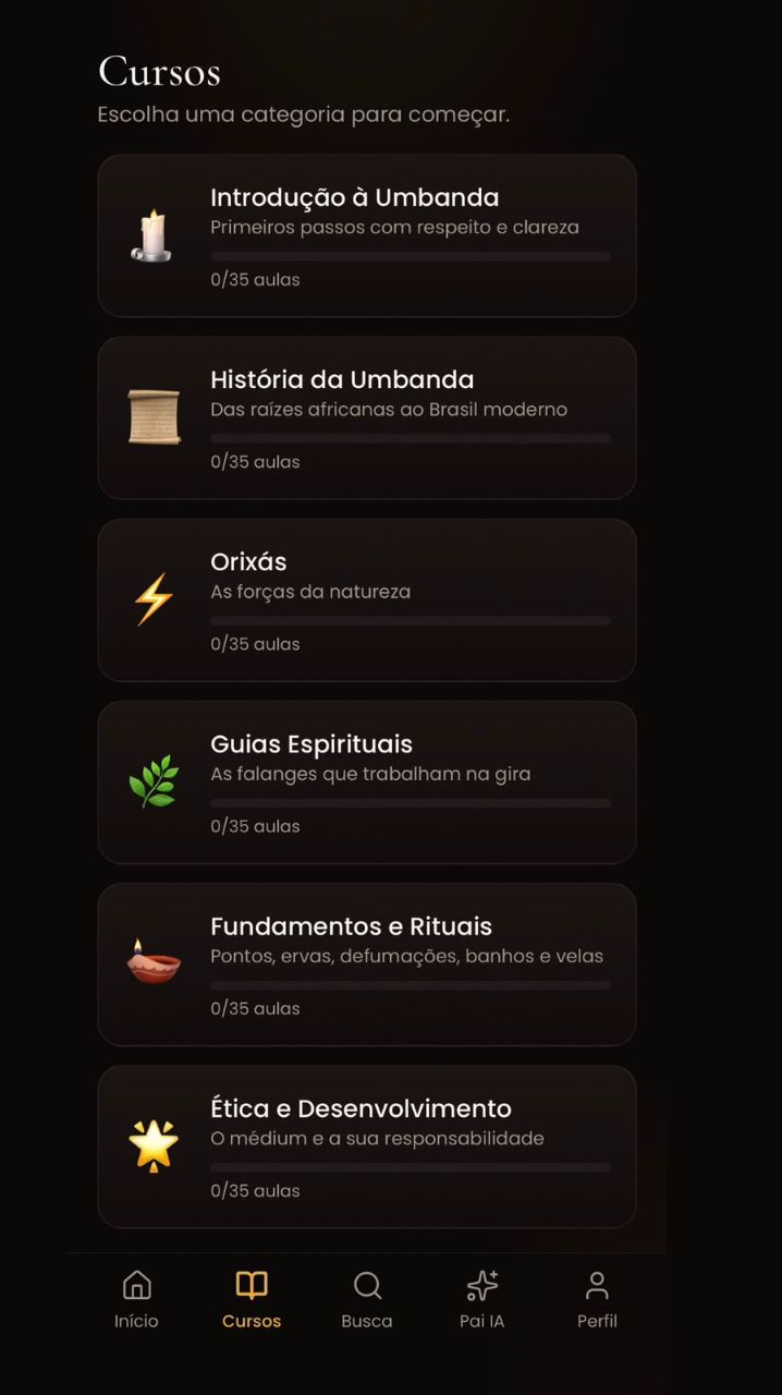 Tela de cursos do aplicativo Saravá Umbanda