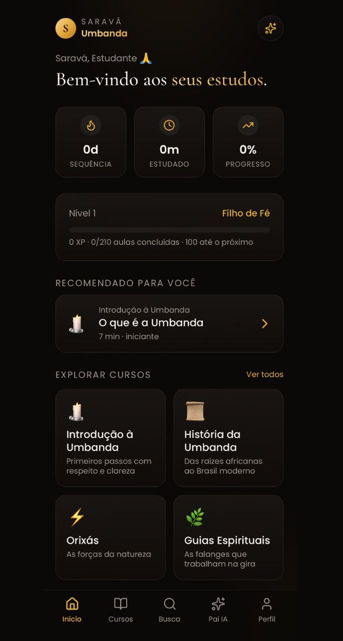 Tela inicial do aplicativo Saravá Umbanda