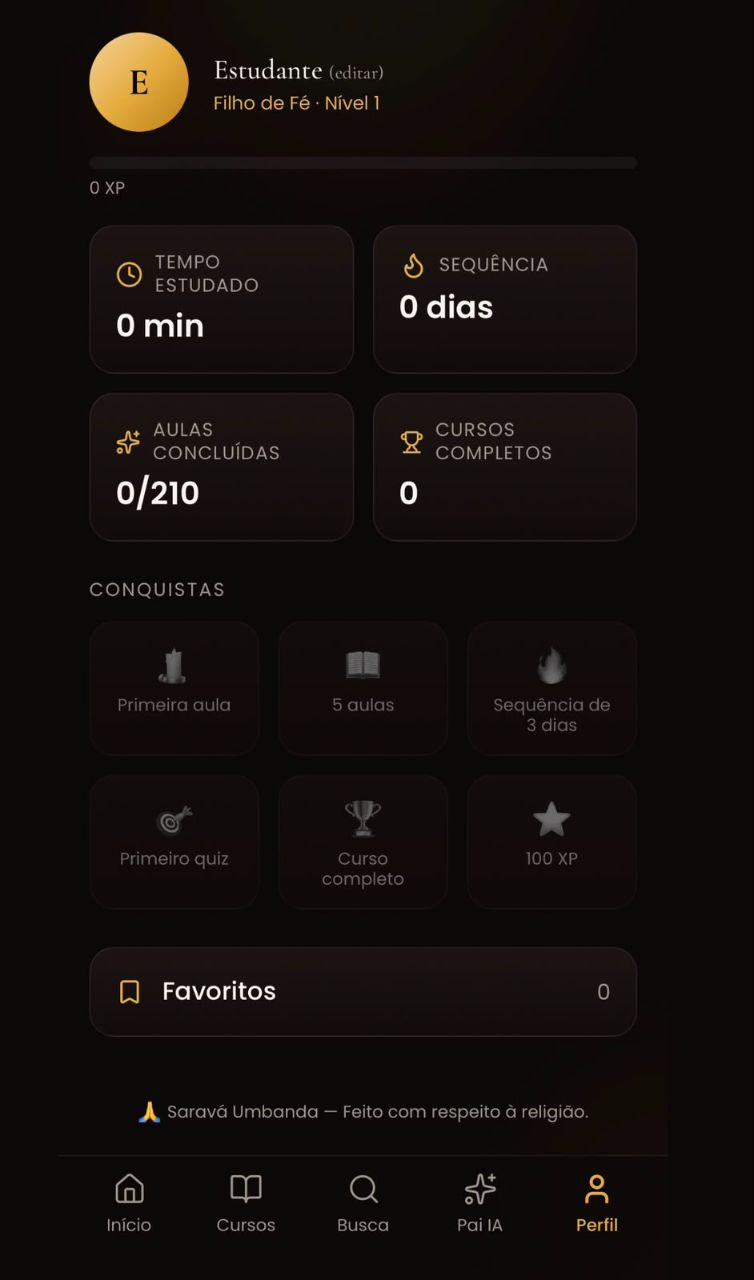 Tela de perfil e progresso do aplicativo Saravá Umbanda